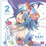  1girl :d ahoge album_cover arm_up bandeau blue_hair blue_wings character_name cover feathered_wings harpy head_wreath highres jewelry monster_girl monster_musume_no_iru_nichijou necklace official_art open_mouth orange_eyes outstretched_arms papi_(monster_musume) small_breasts smile solo upper_body wings 