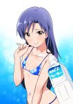  1girl bikini blue_hair brown_eyes calpis floral_print idolmaster jabara921 kisaragi_chihaya long_hair looking_at_viewer navel small_breasts solo swimsuit 