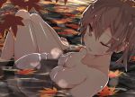  1girl autumn_leaves blush breasts brown_eyes brown_hair cleavage collarbone kaga_(kantai_collection) kantai_collection looking_at_viewer one_eye_closed onsen parted_lips solo thighs towel water yokomizo_seisi 