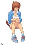  1girl absurdres animal_ears borrowed_character breasts brown_hair cigarette cleavage dog_ears dog_tail full_body furry hair_over_eyes highres jacket john_doe large_breasts loose_socks open_clothes open_jacket original pigeon-toed sam_(colo) shoes short_hair sitting smile sneakers socks solo tail yellow_skin 