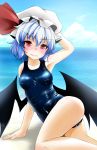  1girl bat_wings blue_hair fumi_(fumifumi-graffiti) hat highres red_eyes remilia_scarlet school_swimsuit shiny shiny_clothes short_hair skindentation swimsuit touhou wings 