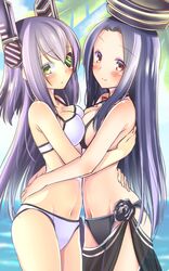  2girls alternate_hair_length alternate_hairstyle bangs bikini black_swimsuit breast_press collarbone hair_between_eyes hand_on_another&#039;s_hip headgear hug kantai_collection karumeyaki_(karumeyakiya) light_smile long_hair looking_at_viewer mechanical_halo midriff multiple_girls navel parted_bangs purple_hair sarong smile swimsuit symmetrical_docking tatsuta_(kantai_collection) tenryuu_(kantai_collection) violet_eyes white_bikini white_swimsuit yellow_eyes 