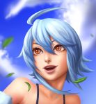  1girl :d ahoge blue_hair blue_sky clouds harpy highres kenneth_tham_rui_yong leaf monster_girl monster_musume_no_iru_nichijou open_mouth orange_eyes outdoors papi_(monster_musume) portrait realistic sky smile solo 