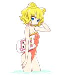  1girl blonde_hair blue_eyes casual_one-piece_swimsuit chan_co cowboy_shot double_bun frilled_swimsuit frills from_side kickboard kuma_(pripara) minami_mirei one-piece_swimsuit orange_swimsuit pripara short_hair simple_background solo swimsuit wading water wet white_background 
