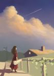  1girl brown_hair clouds commentary condensation_trail dress fence highres holding house kayakigi lamppost long_hair original outdoors profile red_dress scenery silhouette sky standing sunset vines violin_case 