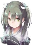  1girl bangs green_eyes hair_between_eyes hair_ribbon japanese_clothes kantai_collection long_hair muneate ribbon roll_okashi simple_background smile solo twintails upper_body white_background white_ribbon zuikaku_(kantai_collection) 
