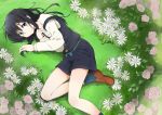  1girl black_hair blue_eyes blush daisy flower highres kagiana kitashirakawa_tamako loafers lying mole on_side shoes shorts smile socks solo strap_slip tamako_market 