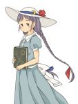  1girl blush book braid chii-kun_(seedyoulater) dress hat long_hair looking_at_viewer patchouli_knowledge puffy_short_sleeves puffy_sleeves purple_hair short_sleeves simple_background single_braid solo sun_hat touhou twin_braids violet_eyes white_background 