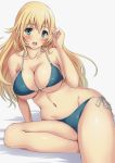  1girl alternate_costume arm_support atago_(kantai_collection) bare_shoulders bikini blonde_hair blue_bikini blue_eyes blush breasts cleavage collarbone commentary_request green_eyes groin kantai_collection large_breasts long_hair looking_at_viewer navel open_mouth sakiyamama side-tie_bikini simple_background sitting solo swimsuit white_background 