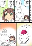  1boy 1girl 2koma :d ^_^ admiral_(kantai_collection) asagumo_(kantai_collection) ascot brown_hair closed_eyes comic hair_ribbon hat jam kantai_collection kobashi_daku long_hair long_sleeves military military_uniform musical_note open_mouth partially_colored peaked_cap plate ribbon rice rice_bowl smile spoon suspenders translated twintails twitter_username uniform 
