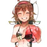  1girl adapted_costume alternate_hairstyle ball beachball bikini breasts brown_hair closed_eyes grin hairband itomugi-kun kantai_collection machinery shiratsuyu_(kantai_collection) short_twintails smile smokestack solo swimsuit twintails 