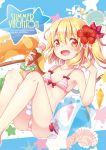  1girl bikini blonde_hair double_scoop english fang flandre_scarlet food ice_cream ice_cream_cone innertube mi_hitsuji open_mouth red_eyes seashell shell short_hair side_ponytail star swimsuit touhou 