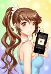  1girl bare_shoulders brown_eyes brown_hair camisole digital_media_player earphones earphones ex90 highres lips long_hair looking_at_viewer original ponytail solo sony x1060 youbou 