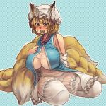  1girl adapted_costume alternate_costume alternate_headwear animal_ears blue_background blush breasts brown_eyes chanta_(ayatakaoisii) curvy detached_sleeves eyebrows_visible_through_hair fang fox_ears fox_tail frills garters hand_on_own_chest hat large_breasts mob_cap multiple_tails open_mouth polka_dot polka_dot_background see-through short_hair sitting solo sweatdrop tabard tagme tail teeth thick_thighs thigh-highs thighs tongue touhou under_boob wariza white_legwear yakumo_ran 