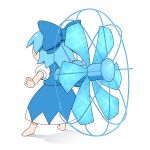  1:1_aspect_ratio 1girl barefoot blouse blue_dress blue_hair bow cirno dress fan from_behind hair_bow ice puffy_short_sleeves puffy_sleeves shirosato short_hair short_sleeves simple_background skirt skirt_set solo touhou 