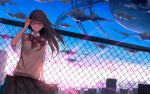  1girl adjusting_hair bow brown_eyes brown_hair chain-link_fence cityscape clouds cowboy_shot fence glasses highres light_rays original outdoors parted_lips short_sleeves skirt solo suusuke tagme 