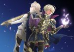  2boys armor artist_name back-to-back blonde_hair book cape fire fire_emblem fire_emblem_if fuzuki_yuu hairband leon_(fire_emblem_if) multiple_boys my_unit_(fire_emblem_if) pointy_ears purple_fire red_eyes smile sword weapon white_hair 