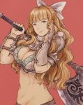 1girl armor battle_axe blonde_hair blue_eyes bow breasts charlotte_(fire_emblem_if) cleavage fire_emblem fire_emblem_if hair_bow highres holding holding_axe large_breasts long_hair maekakekamen over_shoulder pauldrons red_background smile solo spikes weapon weapon_over_shoulder 