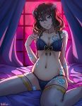  1girl akairiot artist_name bloodstained:_ritual_of_the_night blue_eyes breasts brown_hair cleavage collarbone highres horns looking_at_viewer miriam_(bloodstained) navel panties sitting smile solo thigh-highs underwear underwear_only wariza 
