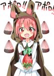  1girl absurdres apollo_chocolate blush chocolate food food_as_clothes food_themed_clothes fruit highres looking_at_viewer open_mouth original personification pink_eyes pink_hair revision short_hair simple_background smile solo strawberry tantan_men_(dragon) translated white_background 
