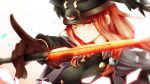  blazblue close-up hat highres holding_sword holding_weapon inaba_sunimi pointing red_eyes redhead serious tagme tsubaki_yayoi 