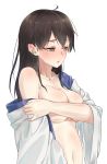  1girl alternate_hairstyle blush breast_hold breasts brown_hair clothes_down collarbone covering covering_breasts embarrassed hair_between_eyes hair_down highres japanese_clothes kaga_(kantai_collection) kantai_collection long_hair looking_to_the_side navel rolua stomach undressing upper_body yellow_eyes 