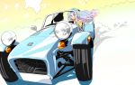  1girl blue_eyes blue_hair car caterham_7 commentary_request driving glasses gradient_hair highres long_hair motor_vehicle multicolored_hair original pointy_ears poncho_s vehicle wheels 