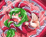  1girl bow dress frills front_ponytail green_eyes green_hair hair_bow hair_ribbon kagiyama_hina long_hair open_mouth outstretched_arms ribbon shinapuu solo spiral symbol-shaped_pupils touhou 