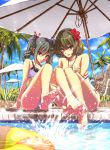  2girls bare_shoulders barefoot beach_umbrella bikini blue_eyes blush brown_hair chair collarbone commentary_request dress drill_hair feet flower fringe green_eyes hair_flower hair_ornament hair_ribbon haru_(primavera) heterochromia highres idolmaster idolmaster_cinderella_girls kanzaki_ranko legs_up long_hair looking_at_viewer lounge_chair mole mole_under_eye multiple_girls open_mouth palm_tree pool poolside red_eyes revision ribbon short_hair silver_hair sitting smile soles splashing swimsuit takagaki_kaede toes tree twin_drills twintails 