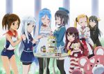  6+girls :3 =_= aoki_hagane_no_arpeggio bespectacled black_hair blonde_hair blue_hair blush brown_eyes brown_hair cake character_doll choker closed_eyes cosplay costume_switch crossover cup detached_sleeves food glasses gochou_(atemonai_heya) green_eyes hairband haruna_(aoki_hagane_no_arpeggio) haruna_(aoki_hagane_no_arpeggio)_(cosplay) haruna_(kantai_collection) haruna_(kantai_collection)_(cosplay) hat heart i-401_(kantai_collection) iona jam japanese_clothes kantai_collection kirishima_(aoki_hagane_no_arpeggio) kongou_(aoki_hagane_no_arpeggio) looking_at_viewer maya_(aoki_hagane_no_arpeggio) multiple_girls namesake nontraditional_miko open_mouth pantyhose ponytail red_eyes school_swimsuit sleeves_past_wrists strawberry_shortcake striped striped_legwear sweatdrop swimsuit swimsuit_under_clothes takao_(aoki_hagane_no_arpeggio) takao_(kantai_collection) teacup teapot tears thigh-highs tiered_tray trembling twintails wide_sleeves yotarou_(aoki_hagane_no_arpeggio) 