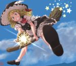  1girl aiming_at_viewer apron black_dress blonde_hair bloomers blue_sky blurry bow braid broom broom_riding buttons clouds collared_shirt dress flying foreshortening frilled_dress frills full_body grin hair_bow hair_ornament hat kirisame_marisa kitano_(kitanosnowwhite) loafers long_hair looking_at_viewer mini-hakkero puffy_sleeves red_bow shirt shoes short_sleeves side_braid signature single_braid skirt skirt_set sky smile socks solo spread_legs star touhou underwear vest waist_apron white_legwear white_shirt wing_collar witch_hat yellow_eyes 