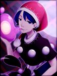  1girl biting blue_eyes blue_hair book doremy_sweet dress jhmkhl4d292 looking_at_viewer nightcap pom_pom_(clothes) short_hair smile solo tail touhou 