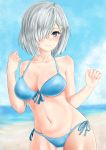  1girl absurdres artist_request beach blue_eyes blush breasts hair_ornament hair_over_one_eye hairclip hamakaze_(kantai_collection) highres kantai_collection large_breasts looking_at_viewer navel short_hair silver_hair solo 