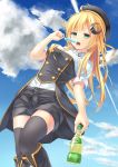  1girl absurdres ahoge blonde_hair blue_sky bottle clouds green_eyes hat highres kapatarou long_hair looking_at_viewer open_mouth popsicle short_sleeves shorts sky sleeves_rolled_up soft_drink solo teeth thigh-highs 