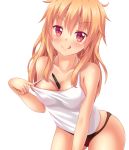  &gt;:q 1girl between_breasts blonde_hair breasts brown_panties cleavage fast-runner-2024 highres leaning_forward original panties pen red_eyes shirt_pull simple_background smile tank_top tongue tongue_out underwear white_background 
