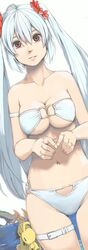  1girl akinbo_(hyouka_fuyou) bare_shoulders bikini breasts cleavage highres long_hair looking_at_viewer matoi_(pso2) navel phantasy_star phantasy_star_online_2 red_eyes simple_background solo swimsuit twintails very_long_hair white_background white_hair 