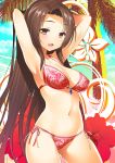  1girl 47agdragon armpits arms_up bikini blush breasts brown_eyes brown_hair cleavage female highres long_hair navel open_mouth original red_bikini smile solo swimsuit 