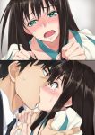  1boy 1girl aqua_eyes black_hair blush brown_hair clenched_hands close-up hands_on_shoulders hands_together idolmaster idolmaster_cinderella_girls jpeg_artifacts kiss long_hair matsuryuu multiple_views open_eyes open_mouth portrait producer_(idolmaster_cinderella_girls_anime) shibuya_rin star!! sweat tearing_up tears 