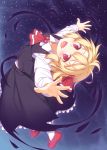  1girl blonde_hair blush commentary_request fang from_above hair_ribbon highres long_sleeves looking_up mary_janes open_mouth outstretched_arms racer_(magnet) red_eyes red_shoes ribbon rumia shoes short_hair skirt smile solo touhou vest 