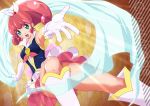  1girl :d blue_eyes boots brooch character_name cure_mirage dengeki_gx earrings elbow_gloves gloves happinesscharge_precure! jewelry knee_boots magical_girl open_mouth pink_hair pink_skirt precure queen_mirage short_hair skirt smile solo spoilers white_boots white_gloves 