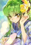  1girl c.c. code_geass creayus fan green_hair hair_ornament japanese_clothes kimono long_hair looking_at_viewer smile solo yellow_eyes yukata 