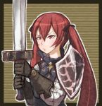  1girl armor black_gloves black_ribbon fire_emblem fire_emblem_if gloves hair_ribbon holding_sword holding_weapon long_hair luna_(fire_emblem_if) o3o outline red_eyes redhead ribbon solo striped striped_background sword twintails upper_body vertical-striped_background vertical_stripes wakai_hiroshi weapon 