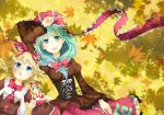  2girls :d autumn_leaves blonde_hair blue_eyes corset elbow_gloves front_ponytail gloves green_eyes green_hair hair_ribbon hand_on_own_forehead hands_on_own_chest juliet_sleeves kagiyama_hina layered_dress leaf long_hair long_sleeves looking_at_viewer lying maple_leaf medicine_melancholy mito_tsubaki multiple_girls on_back open_mouth puffy_sleeves ribbon shade short_hair smile su-san touhou wings 