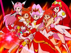  5girls akagi_towa am-atlas color_connection cure_ace cure_passion cure_rouge cure_scarlet cure_sunny dokidoki!_precure female fiery_background fire fresh_precure! go!_princess_precure higashi_setsuna hino_akane_(smile_precure!) madoka_aguri multiple_girls natsuki_rin precure smile_precure! tagme yes!_precure_5 yes!_precure_5_gogo! 