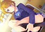  1girl ass blazer breasts brown_hair cardigan chair convenient_leg folding_chair hand_on_own_knee koizumi_hanayo komone_ushio legs_up long_sleeves looking_at_viewer love_live!_school_idol_project no_shoes pantyhose pantyhose_pull school_uniform serafuku short_hair skirt smile thighs violet_eyes 