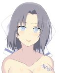  1girl :p artist_name blue_eyes blush breasts cleavage hews_hack highres large_breasts looking_at_viewer senran_kagura senran_kagura_(series) senran_kagura_shinovi_versus short_hair smile solo tongue tongue_out yumi_(senran_kagura) 