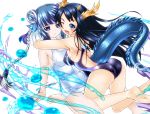  2girls black_hair blue_eyes blue_hair braid competition_swimsuit double_bun dragon_girl dragon_horns dragon_tail hair_bun haku_(p&amp;d) head_fins horns hug karin_(p&amp;d) long_hair multicolored_hair multiple_girls one-piece_swimsuit puzzle_&amp;_dragons school_swimsuit sho2 swimsuit tail twin_braids two-tone_hair white_hair white_school_swimsuit white_swimsuit 