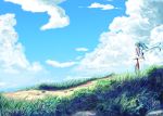  1girl bicycle blue_hair clouds grass hatsune_miku highres hopper long_hair mixed_media revision scenery sky solo vocaloid 