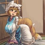  1girl all_fours bed_sheet blonde_hair blush breasts brown_eyes chanta_(ayatakaoisii) dress eyebrows eyebrows_visible_through_hair fang floor fox_tail hips large_breasts long_sleeves looking_up mob_cap multiple_tails open_mouth room short_hair solo tabard tail tareme teeth thick_thighs thighs tongue touhou white_dress window yakumo_ran 