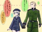  1boy 1girl axis_powers_hetalia black_gloves blonde_hair blue_eyes clothes_writing crossover german germany_(hetalia) gloves hat holding_hands inusaka kantai_collection long_sleeves military military_uniform neckerchief open_mouth sailor_collar sailor_hat short_hair silver_hair smile translation_request uniform z1_leberecht_maass_(kantai_collection) 